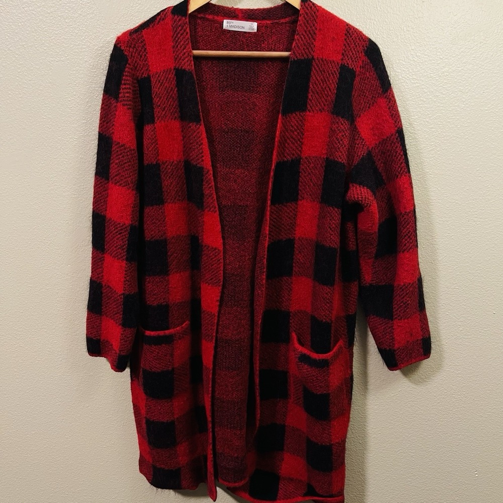 89th Madison Long Fuzzy Cardigan‎ Cozy  Plaid Soft Red Black  Pockets Plus Sz 1X
